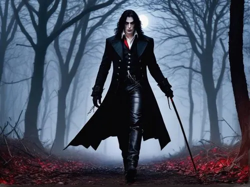 Alucard, vampire, solo, male, long black hair, piercing red eyes, pale skin, dark eyeliner, sharp fangs, black coat, white shirt, black trousers, leather boots, walking stick, foggy night, full moon, 