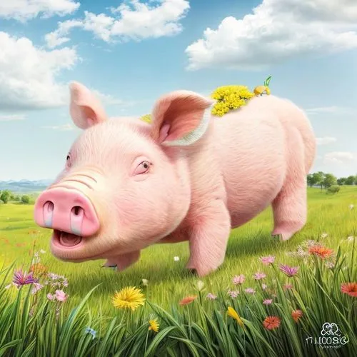 A plump pink pig with curly tusks hops through a lush green meadow, surrounded by wildflowers of every color. The sun shines brightly overhead, casting a golden glow on the scene. However, as the pig 