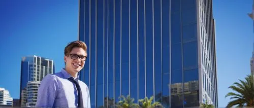 Young adult, male, architecture intern, San Diego, California, USA, modern skyscraper, glass facade, steel beams, urban cityscape, sunny day, clear blue sky, few white clouds, warm light, 3/4 composit