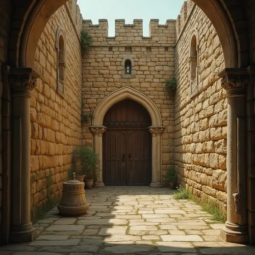 Rustic stone masonry wall, ancient castle, medieval architecture, warm beige color tone, rough-hewn stones, intricate stonework patterns, moss-covered walls, weathered stone texture, grandiose entranc