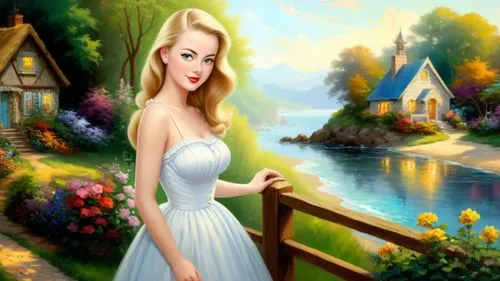 Romantic masterpiece oil painting, cute girl portrait, nostalgic 1950's style kitsch, seaside cottage landscape, summer beach scenery, by Thomas Kinkade, by Bob Ross,landscape background,fantasy pictu