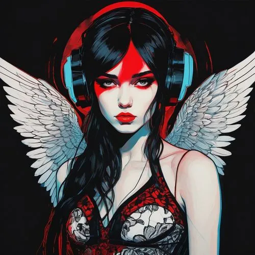 demoness,lilith,headphones,music fantasy,headphone,elektra,Illustration,Paper based,Paper Based 19