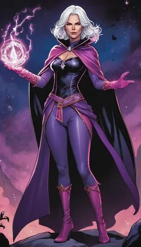 2D Comic portrait of Charlize Theoren as a white haired sorceror in a purple and pink full-body outfit with gloves and black cape, casting a spell in the middle of magic world.,a woman in purple and b