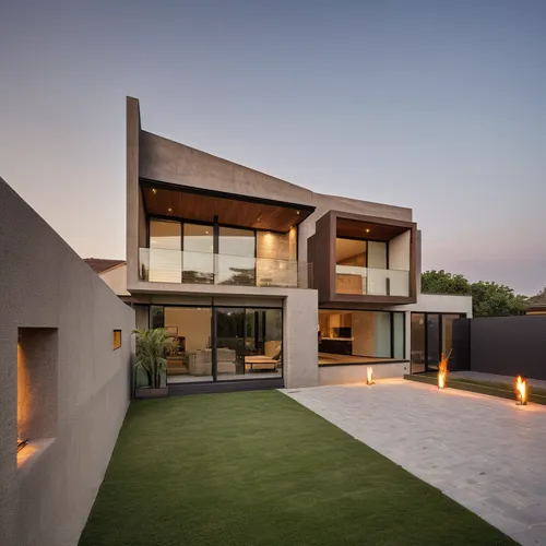 A modern two-story house with a chocolate color scheme and white walls. The house is located on a quiet street with lots of green space. The house is designed with clean lines and simple shapes. The h