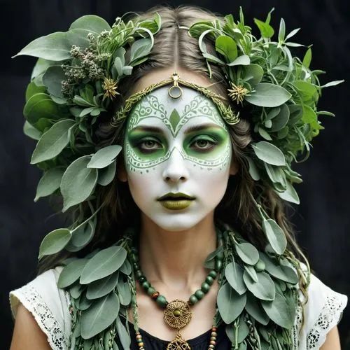 dryad,laurel wreath,green wreath,faery,faerie,the enchantress,anahata,urtica,poison ivy,mother earth,headdress,faun,venetian mask,rusalka,shamanic,green skin,druid,girl in a wreath,paganism,green mermaid scale,Illustration,Black and White,Black and White 09