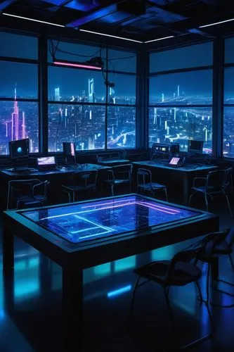 computer room,study room,blue room,boardroom,neon human resources,japan's three great night views,conference room table,black table,cyberpunk,computer desk,modern office,game room,tokyo,conference room,apple desk,desk,sci fi surgery room,office desk,tokyo city,blue hour,Illustration,Retro,Retro 20