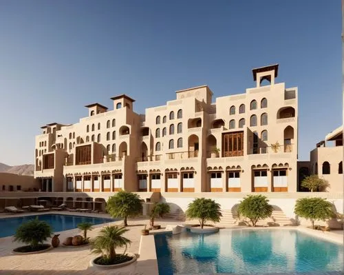 A Yemeni-inspired residential complex with a modern twist. The complex features traditional arched windows and white exterior walls, but incorporates wooden elements and void shades for a sustainable 