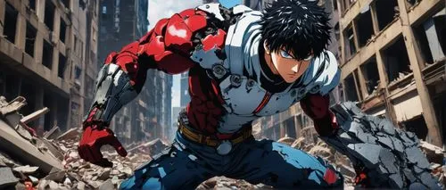 Cyborg, One Punch Man, heroic pose, metallic body, glowing blue eyes, messy black hair, ripped jeans, red boots, cityscape background, destroyed buildings, rubble and debris, dramatic lighting, intens