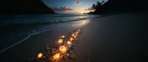 пусто,a long line of lit candles is on the sand of a beach,dark beach,moonrise,moonscape,moonlit night,moon photography,moonscapes