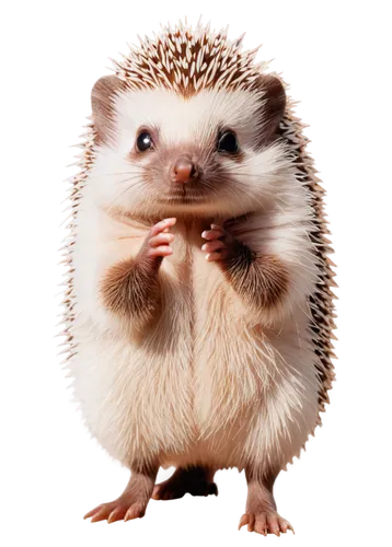 Hedgehog, small mammal, white spines, brown eyes, twitching nose, standing on hind legs, front paws together, curious expression, soft fur, morning sunlight, shallow depth of field, warm color tone, c