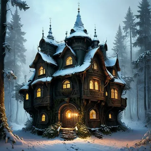 winter house,house in the forest,snow house,witch's house,dreamhouse,witch house,wooden house,snowhotel,forest house,little house,the gingerbread house,log home,house in the mountains,lonely house,gingerbread house,house in mountains,fairy tale castle,log cabin,winterplace,cottage,Conceptual Art,Fantasy,Fantasy 11