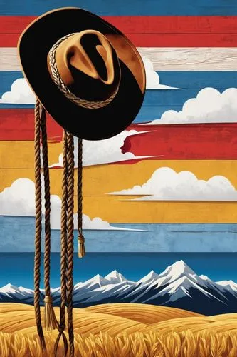 Western-themed, rectangular shape, bold fonts, blue sky with white clouds, snow-capped mountains, golden wheat fields, rustic wooden texture, worn leather straps, cowboy hat, lasso rope, star symbol, 