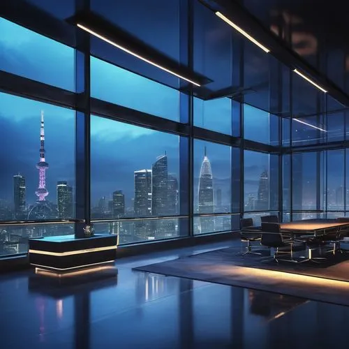 Modern blueprint, futuristic architecture, sleek lines, neon-lit windows, metallic materials, reflective surfaces, high-rise building, cityscape background, misty atmosphere, dramatic lighting, cinema