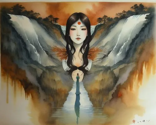 beautiful lady swimming, long hair , white vest in the water, wide view with waterfalls and green forest abanding,an artistic painting of a woman with a big winged wing,seraphim,angel wing,sirene,hosh