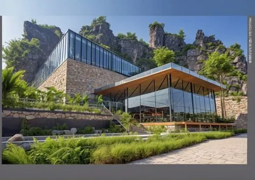 DISEÑO EXTERIOR DE UN RESTAURANT PARA UNA NAVE INDUSTRIAL, TERRAZAS CON MUROS DE PIEDRA, PERSONAS,CESPED, VENTANALES DE CRISTAL AMPLIOS, VISTAS PANORAMICAS, VEGETACION EXUBERANTE,a large stone buildin