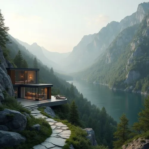 house in mountains,house in the mountains,house with lake,house by the water,the cabin in the mountains,snohetta,amanresorts,cliffside,luxury property,beautiful home,dreamhouse,chalet,home landscape,lake view,mountain hut,seclude,forest house,luxury hotel,secluded,summer cottage,Photography,General,Realistic