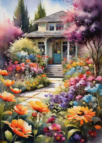 flower painting,flower garden,home landscape,cottage garden,splendor of flowers,flower shop,house painting,springtime background,sea of flowers,flower bed,summer cottage,blanket of flowers,spring garden,studio ghibli,yellow garden,watercolor shops,watercolor background,spring background,floral corner,flower art,Illustration,Paper based,Paper Based 03