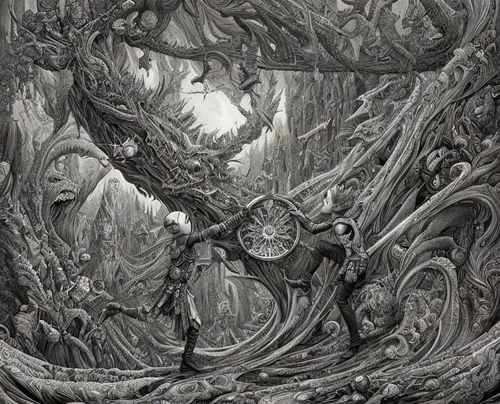 charcoal nest,gnarled,hand-drawn illustration,sci fiction illustration,dante's inferno,hanging elves,pencil art,heroic fantasy,the branches of the tree,pinocchio,wood elf,the roots of trees,book illus