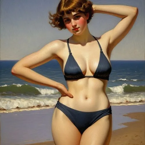 tretchikoff,radebaugh,colville,burkinabes,retro woman,art deco woman,female model,leyendecker,beachwear,bandeau,yasumasa,whitmore,lartigue,lempicka,two piece swimwear,currin,girl in swimsuit,retro women,verano,retro girl,Art,Classical Oil Painting,Classical Oil Painting 14