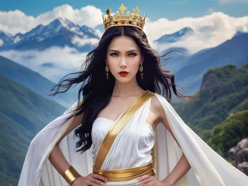 Goddess, black hair, flowing silky locks, golden crown, shining star-shaped accessories, porcelain skin, elegant facial features, bright blue eyes, subtle makeup, red lips, white and purple gradient w