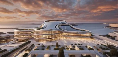 Create an aerial shot of a grand public building that exudes luxury and innovation. The building stands 30 meters tall at its highest point and features a huge conference hall as its centerpiece, capa