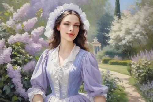 wisteria,lilac tree,lilac blossom,la violetta,victorian lady,jane austen,girl in the garden,the lavender flower,lilacs,romantic portrait,oil painting,lilac flowers,common lilac,lilac flower,grape-hyacinth,white lilac,splendor of flowers,oil painting on canvas,lily of the field,girl in flowers,Digital Art,Classicism