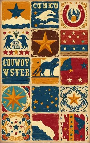 美国西部乡村风牛仔德克萨斯星星动物复古元素,an old poster featuring many of the different flags,westerns,pendleton,southwestern,wilco,motifs of blue stars,coverlets,Illustration,Retro,Retro 04