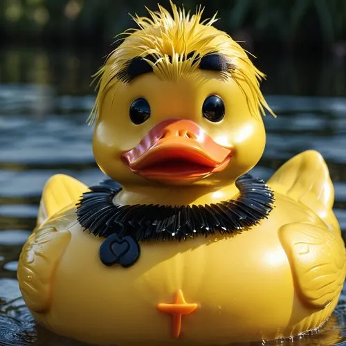 cgi image of a yellow rubber duck with a black wig, spiked collar with cross, lip skick, black eyes with eyelashes, and black beak/bill,rubber duckie,rubber ducky,rubber duck,rubber ducks,ducky,cayuga