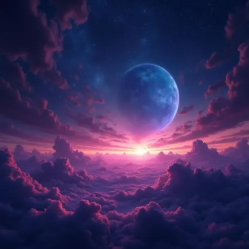 paisaje del espacio estrellado, con planetas, foto ultra realista HD,a painting with the sun in the background with clouds,purple moon,purple wallpaper,sky,lunar landscape,night sky,purple landscape,C