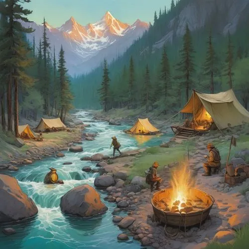 campfires,campfire,encampment,camping tents,campsites,camping,camp fire,tents,campers,camping tipi,campgrounds,camped,world digital painting,encampments,idyllic,fishing camping,encamped,mountain settlement,campin,landscape background