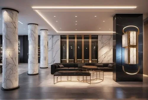 Create a furniture showroom, the floor finishes are metal tiles, the walls are rough marble, the ceilings are finished with black paint, the left column shows the alphabet with LED lights, the front w