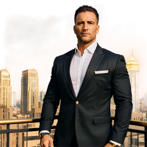 Majestic skyscraper, luxurious villa, wealthy businessman, 40yo, confident smile, tailored black suit, white shirt, gold watch, cigar in mouth, muscular build, standing, cityscape backdrop, golden lig