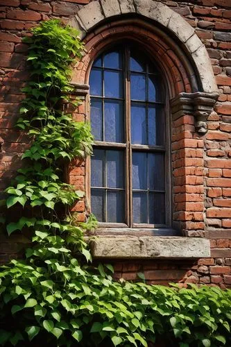 Architectural brick wall section detail, close-up shot, old rusty red bricks, worn-out mortar joints, subtle texture, rough stone foundation, climbing vines, greenery, intricate stonework, ornate carv