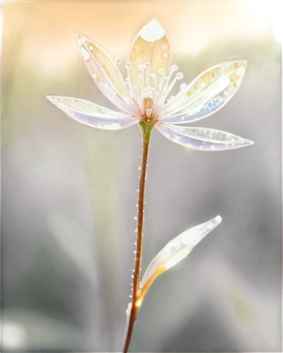 Delicate crystal flower, transparent petals, intricate details, sparkling facets, slender stem, morning dew, soft sunlight filtering through petals, 3/4 composition, shallow depth of field, warm color