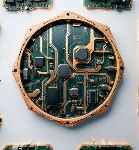 A frame made of wood against a white background,a clock that is laying down on the ground,circuit board,pcb,pcbs,printed circuit board,circuitry,mother board,Photography,General,Sci-Fi