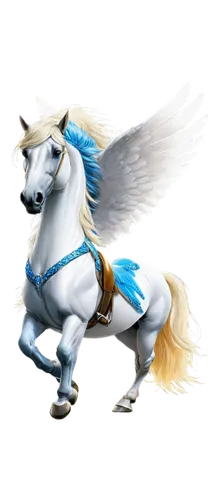 Pegasus, white horse body, wings spread wide, majestic posture, golden bridle, shiny mane, feathers in shades of blue and white, muscular legs, hooves glowing with magic, standing on clouds, dramatic 