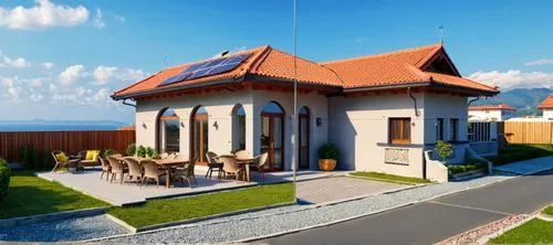 a home with solar panel on the roof and lawn and patio area,holiday villa,3d rendering,mudanya,villa,render,private house,Photography,General,Realistic