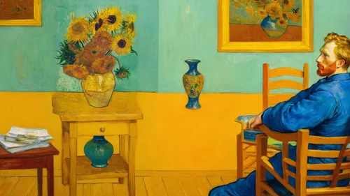 Van Gogh looking at the vase sitting on the armchair near the vase table, the we have picture like the painting of vase,vincent van gogh,vincent van gough,woman sitting,girl studying,woman at cafe,gir