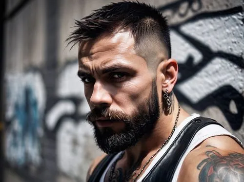 Mugshot, close-up, criminal ID photo, male, 35yo, muscular build, short brown hair, thick beard, intense gaze, scar above left eyebrow, silver earrings, black leather jacket, white tank top, tattoos o