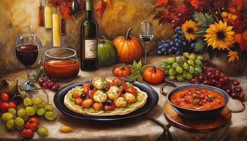 Imagine a cozy autumn evening at Olive Garden, describe the mouthwatering appetizers.,autumn still life,summer still-life,still-life,still life,autumn fruits,oil painting on canvas,food table,harvest 