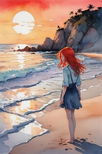 watercolor background,watercolor,coast sunset,seashore,sea-shore,sunset,sea beach-marigold,beach walk,summer evening,watercolor painting,seaside,honeymoon,walk on the beach,watercolors,exploration of the sea,eventide,red summer,little mermaid,red-haired,watercolor paint,Illustration,Paper based,Paper Based 07