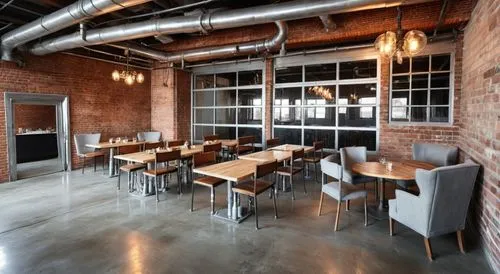 restaurant with concrete floors, chandeliers, shabby chic, off white limewash walls, ,a restaurant room with tables and chairs and a grill,taproom,brewhouse,brewpub,chefs kitchen,brick oven pizza,gast