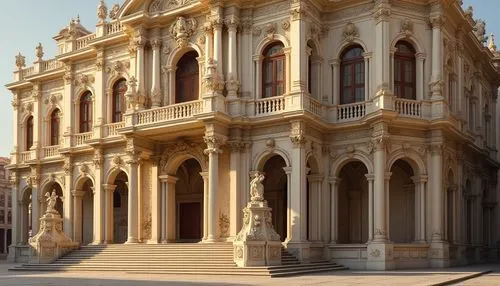 Grand Renaissance palazzo, ornate stone carvings, classical columns, arched windows, rusticated quoins, symmetrical facade, creamy marble cladding, intricate balconies, ornamental stucco, vivid fresco