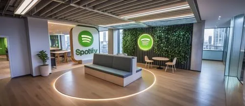 Spotify office space should be created to reflect Spotify’s green logo,spotify logo,spotify icon,modern office,conference room,corporate headquarters,company headquarters,shopify,meeting room,offices,