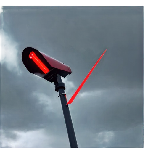 Tornado warning sign, red flashing light, loud siren sound, metallic body, digital display, wind direction arrow, stormy weather background, dark clouds gathering, ominous atmosphere, close-up shot, h