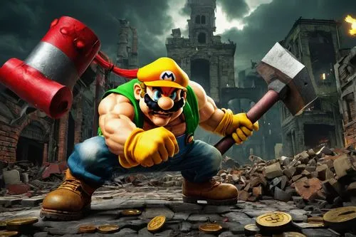 super mario brothers,plumber,petrol-bowser,fuel-bowser,super mario,luigi,mario bros,mario,greed,smash,ironworker,fighter destruction,repairman,nintendo,destroy money,crash-land,rubble,game art,construction worker,construction industry,Illustration,Retro,Retro 19