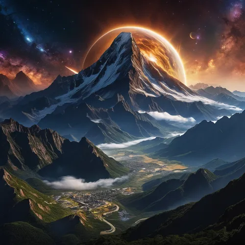 fantasy landscape,fantasy picture,mountain world,mountain sunrise,mountain landscape,mountainous landscape,world digital painting,giant mountains,fantasy art,mountain scene,space art,volcanic landscape,the landscape of the mountains,valley of the moon,alien planet,mountain peak,mountainous landforms,futuristic landscape,landscape background,eiger,Photography,General,Natural