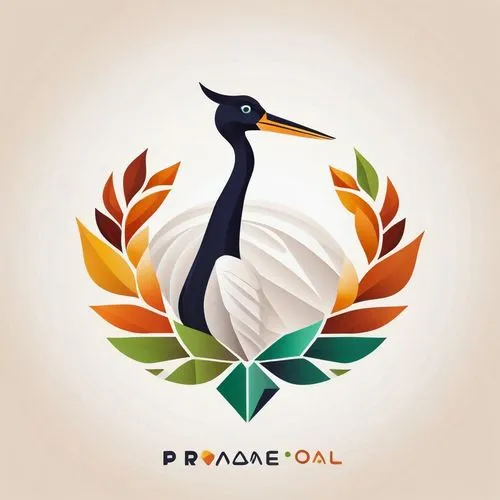 Logo for Promeai on the theme of beautiful geomteric stork , geometric oak leaf, simple geometric vector, happy vibe,paraguay pyg,rallidae,red-crowned crane,paridae,gray crowned crane,loro parque,prai