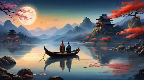 fantasy landscape,mid-autumn festival,fantasy picture,landscape background,autumn background,autumn landscape,boat landscape,world digital painting,oriental painting,dragon boat,chinese art,fantasy art,moonlit night,autumn scenery,lunar landscape,autumn mountains,river landscape,fall landscape,moon and star background,autumn idyll,Photography,General,Natural