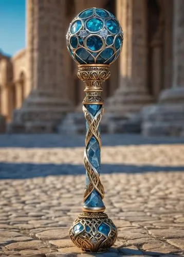 a d&d wizard staff made from a glittering haft of stone,goblet,golden candlestick,gold chalice,chalice,medieval hourglass,goblet drum,islamic lamps,incense burner,the ancient world,copa,torch-bearer,s